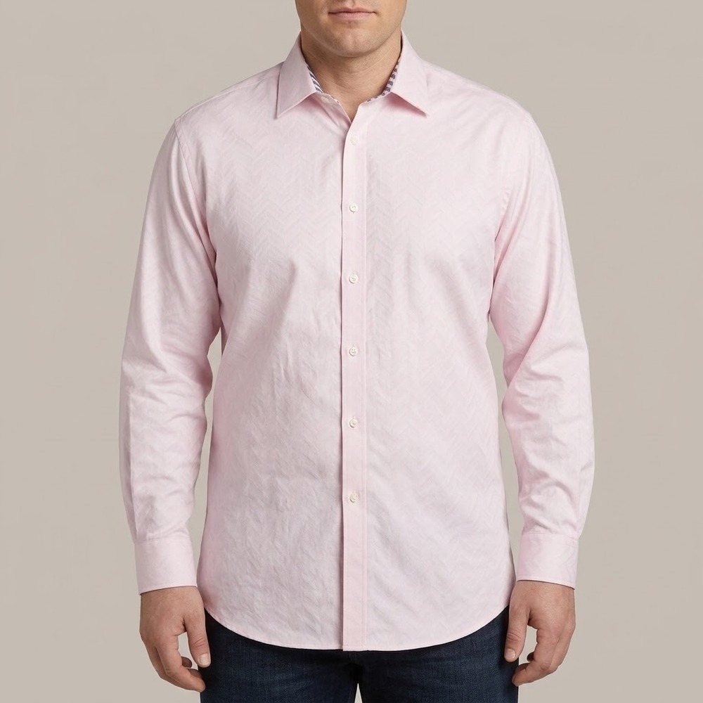 Johnston & Murphy XL Pink Chevron Shirt Mens Tailored Fit Gingham Trim EUC